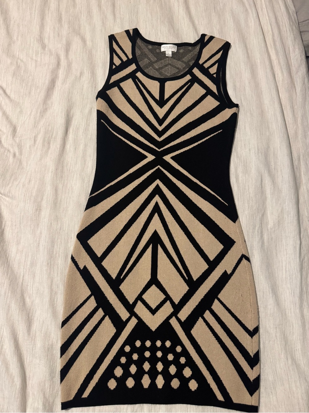 Bisou Bisou Beige and Black Geometric Knit Bodycon Dress